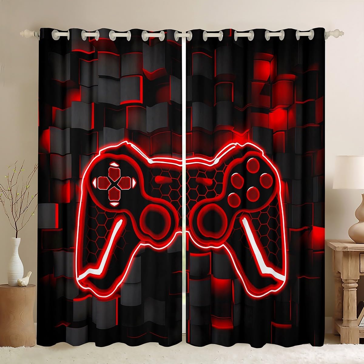 Feelyou Kids Gamer Curtains for Bedroom Living Room (2 Panels, 38 x 45 Inch) Red and Black Darkening Drapes for Boys Gaming Ombre 30%-50% Blackout Curtains Geometric Square Window Treatments