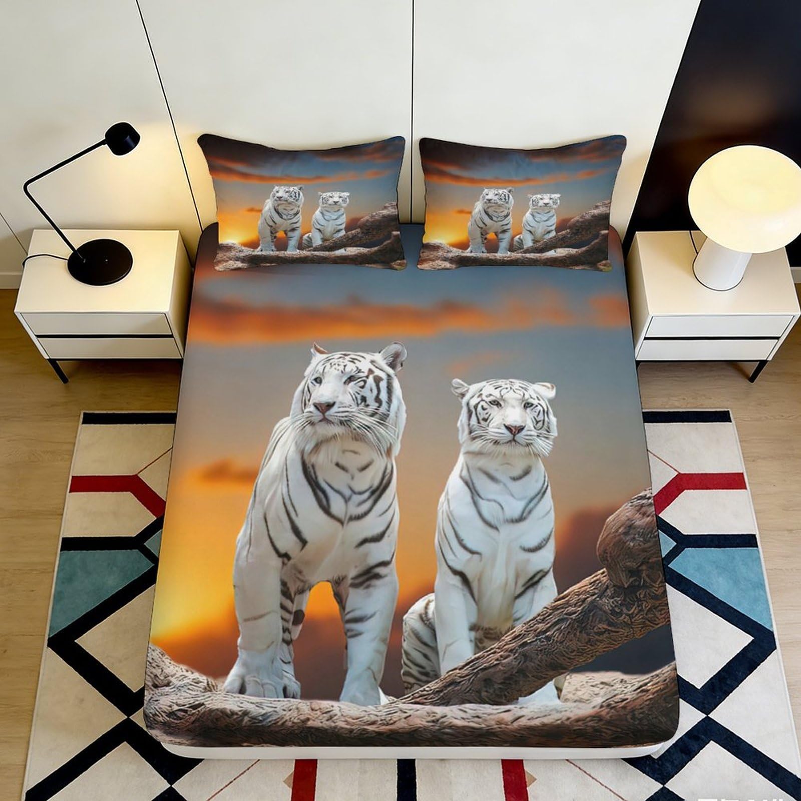 3D Printed White Tiger 3D Fitted Sheet Microfiber Soft Durable Sunset Landscape Bed Cover for Bedroom Dormitory Guest Room Mattress Protection 140x200x25cm