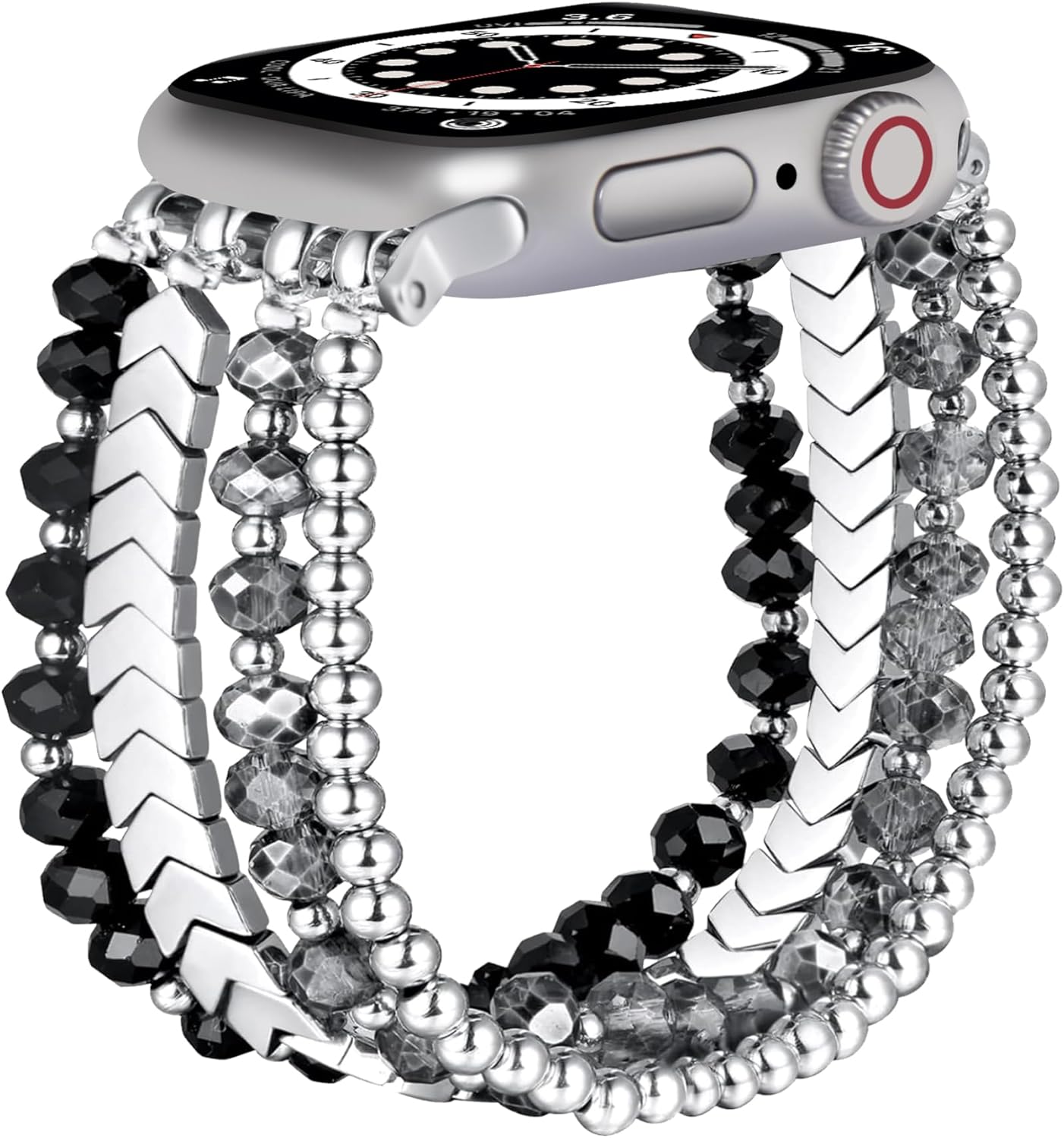 GEMEK Bracelet Band Beaded Compatible with Apple Watch 38/40/41mm Women, Fashion Elastic Stretch Strap Bands for iWatch Series SE/9/8/7/6/5/4/3/2/1 (Black/Sliver/Grey)