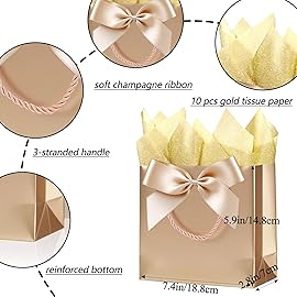 SHIPKEY 10PCS Champagne Gift Bags, 7.4x2.8x5.9 Small Welcome Bags, Luxury Shopping Bag with Ribbon Handle and Bows (18.8x7x14.8cm)