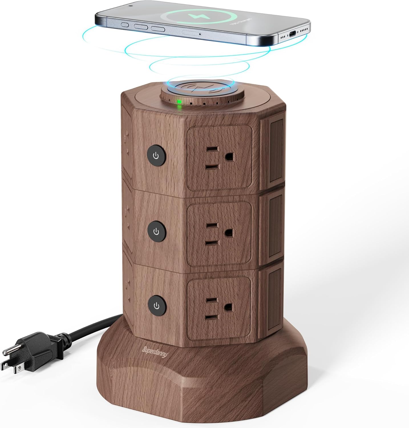 Power Strip Tower with 15W Wireless Charger, SUPERDANNY 1050J Surge Protector Tower 13A Charging Station with 12 AC Outlets & 6 USB Ports (2 USB C), 6.5ft Extension Cord for Home Office, Wood Grain
