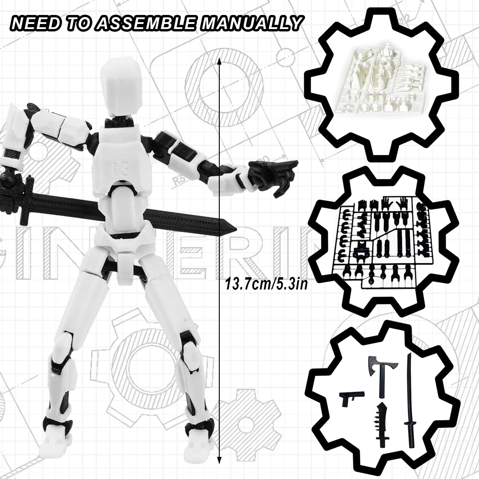 Azxndy 3D Printed Moveable Joints Robot,Finger Exercising Toys Assembly Set,Multi Joint Movable Model,Full Body Mechanical Movable Toy,Movie Character Desktop Decoration for Game Lovers (White) - Image 2