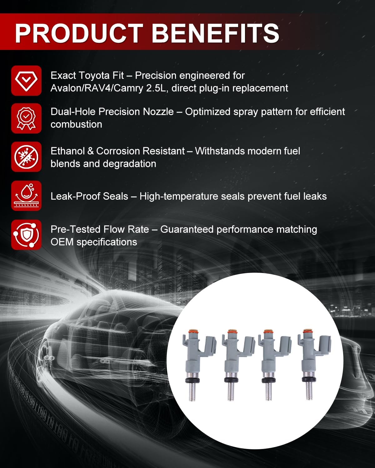 Fuel Injectors Set of 4 Compatible with 2019-2022 Avalon & RAV4 2.5L, 2018-2022 Camry 2.5L, 2 Holes Engine Fuel Spray Nozzle Part 23209-29175, 23209-F9080, 23209-29105, 23209-F9000