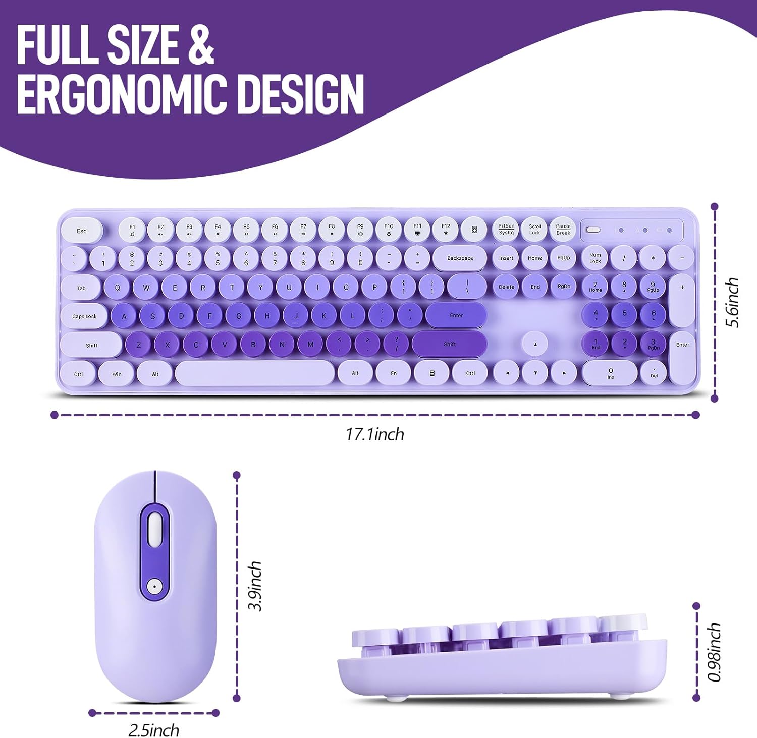 Wireless Keyboard and Mouse Combo, Full Size Compact Quiet Wireless Keyboard and Mouse Set 2.4G Ultra-Thin Sleek Design for Windows, Desktop, PC, Notebook, Laptop,Round Keys Purple Mixed Punk Color