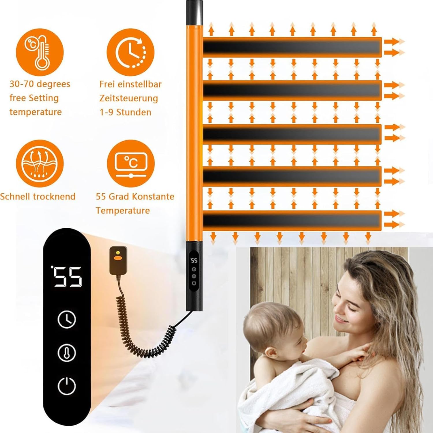 Electric Towel Rail Rotatable 180°,Electric Towel Warmer with Timer,LED Display,Constant Temperature Control,Towel Dryer Rack Heated Hardwired,Black