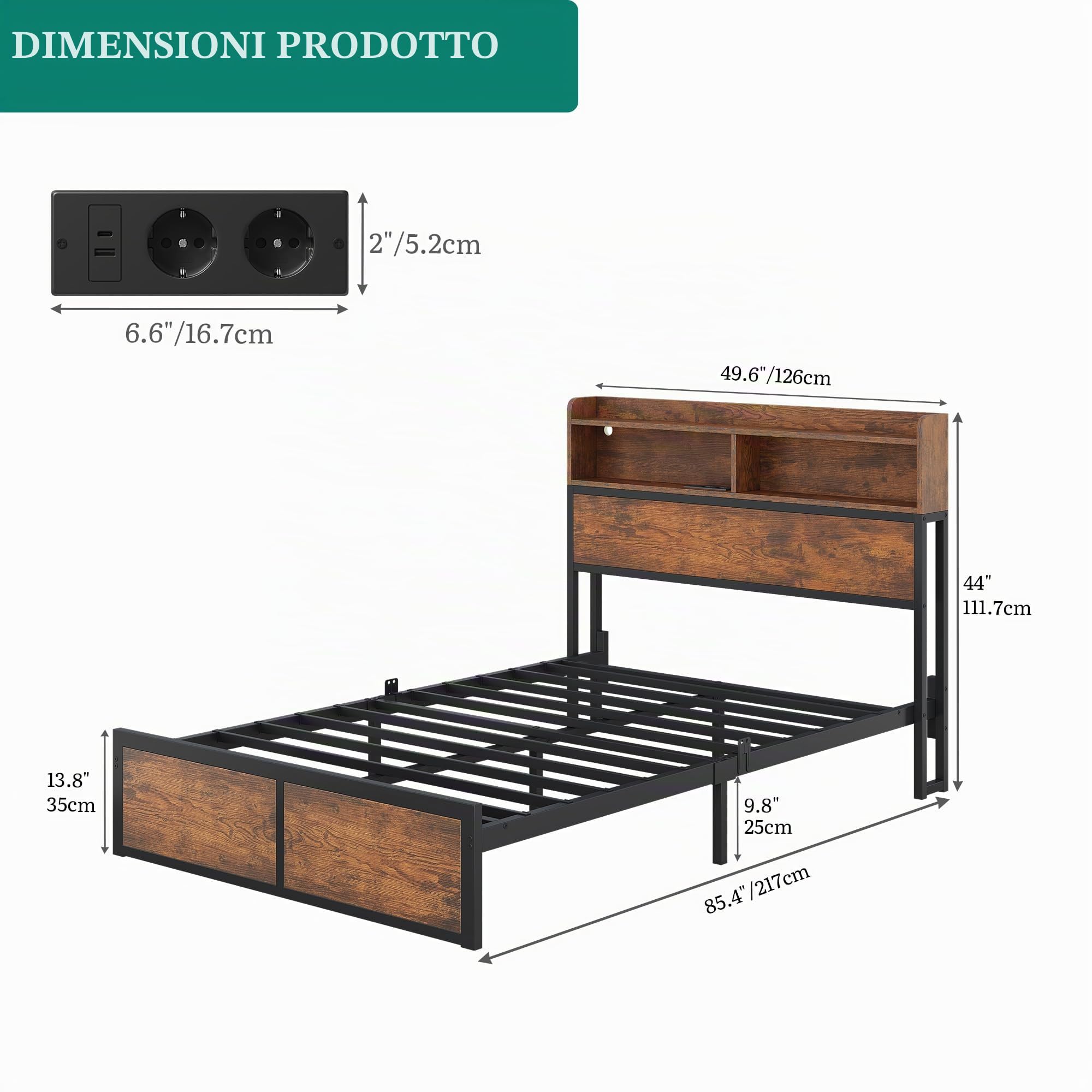 YITAHOME Telaio letto a LED con testiera, porte USB e uscite di ricarica, struttura in metallo con 2 ripiani, non richiesto materasso, marrone, 200 x 120 cm