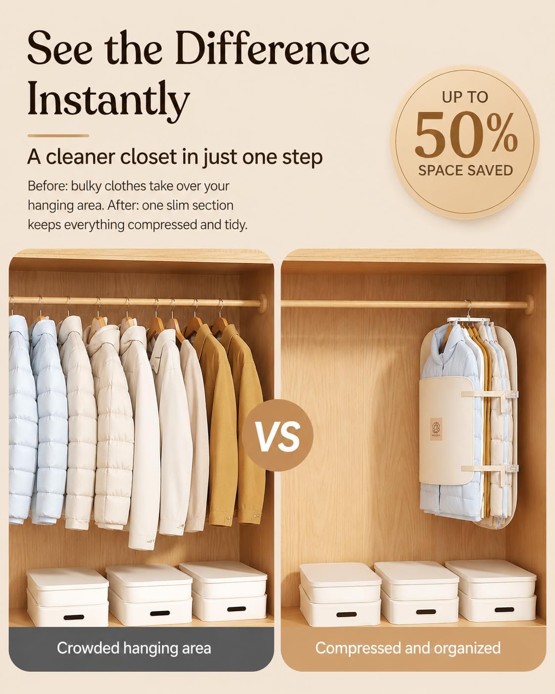 2 Pack Hanging Closet Space Saver Clothes Compression Organizer, Wardrobe Storage for Coats Jackets and Down Clothing, Adjustable Buckle, Large Capacity Hanging Clothes Organizer (White)