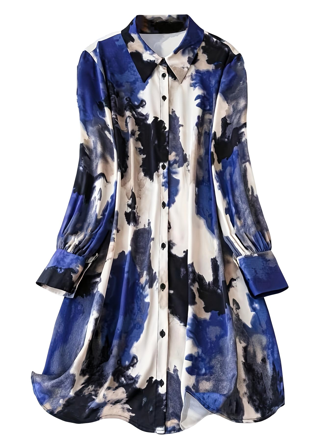 Shasmi Women's & Girl's Blue And Black Tie Dye Print Button Front Shirt Dress, Elegant Long Sleeve Dress For Spring & Fall, Womens Clothing Versatile For All Seasons (Shirt 201 Blue Black-L)