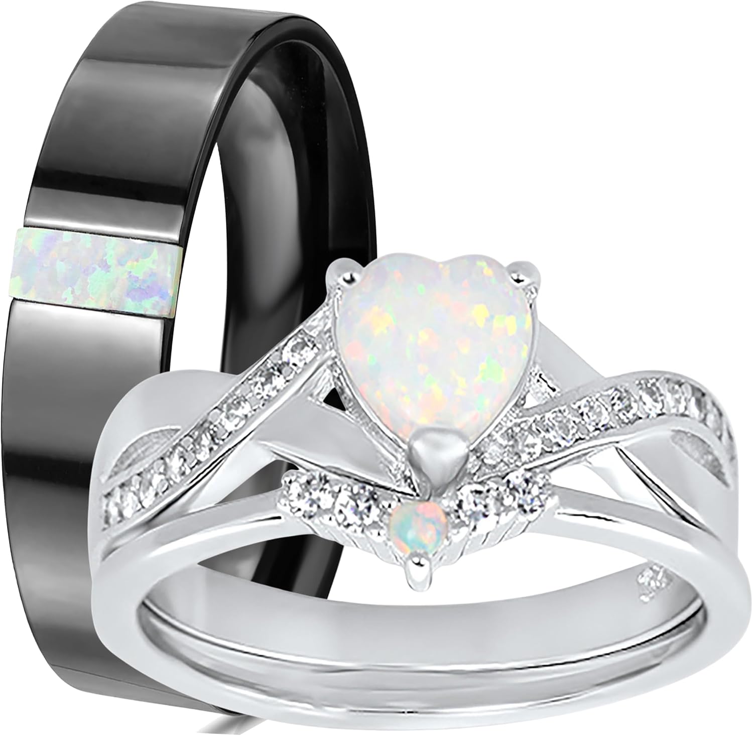 LaRaso & Co His Her Wedding Ring Set 3 Piece Trio Opal Silver Titanium Couples Bands