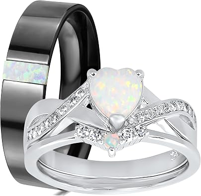 LaRaso & Co His Her Wedding Ring Set 3 Piece Trio Opal Silver Titanium Couples Bands