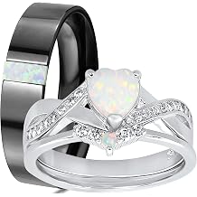 LaRaso & Co His Her Wedding Ring Set 3 Piece Trio Opal Silver Titanium Couples Bands