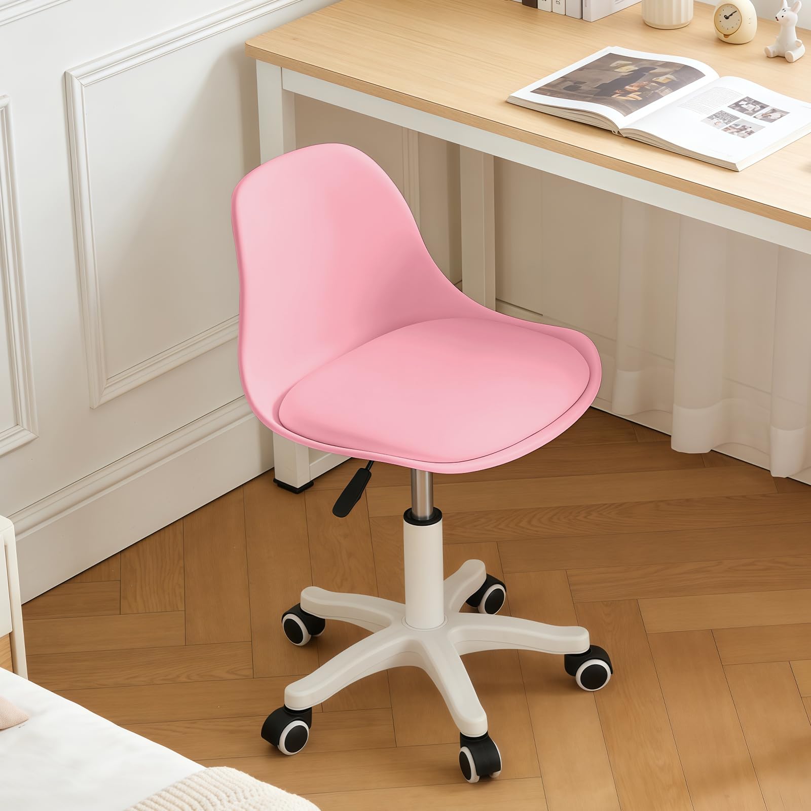 Small Office Chair, Cute Armless Vanity Pouffe, Height Adjustable Plastic Office Chair for Teens and Girls