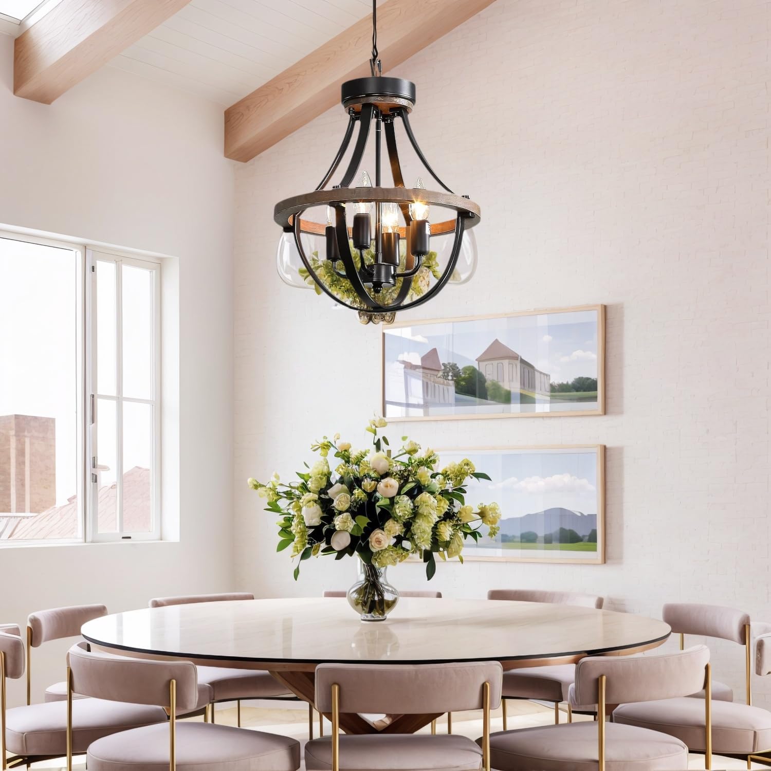 Plug in Wood Chandelier, 4-Light Rustic Dining Room Light Fixture, Farmhouse Chandelier Adjustable Height,Pendant Lighting for Kitchen Island Foyer Living Room Hallway