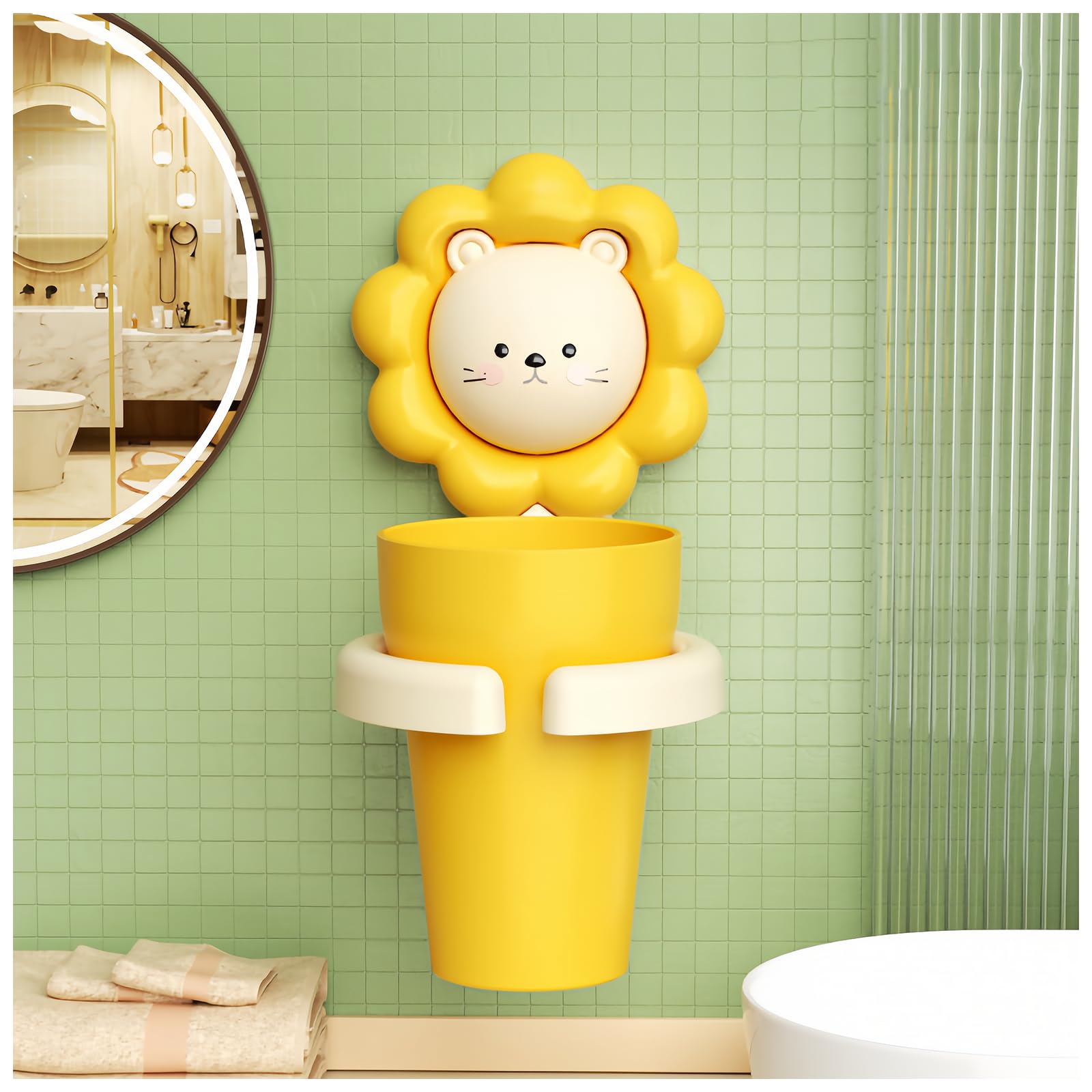 Toothbrush Holder Cup Yellow Lion Wall Mounted,Kids Cartoon Animals Toothbrush Holder Bathroom Waterproof Toothpaste Holders Wash Cup Holder Electric Toothbrush Children(Yellow)