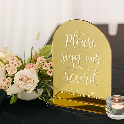 Miniatura 4 de Letrero de arco acrílico dorado de 5 x 7 pulgadas con soporte, paquete de 10 letreros acrílicos con arco dorado en blanco con base para números de