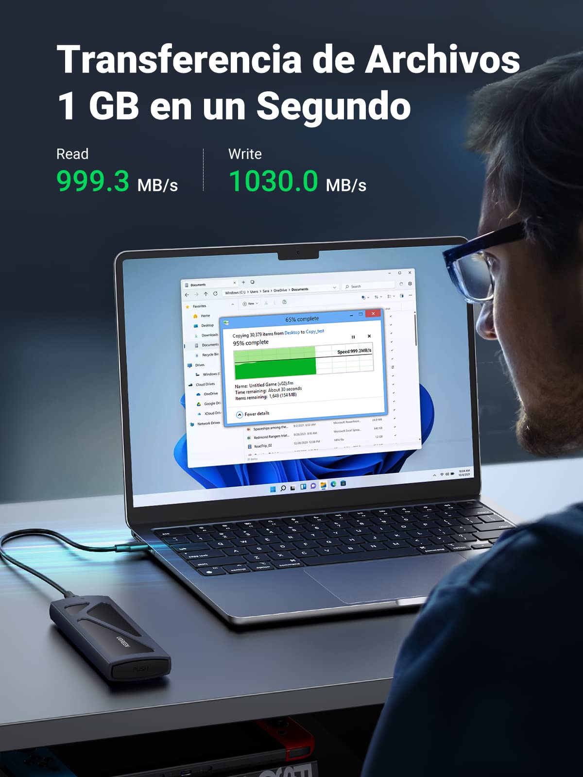 UGREEN Caja SSD M2 NVMe, Carcasa M.2 con UASP USB C 3.2 Gen 2 10Gbps para M/ B+M Key 2230/2242/2260/2280, con Cable Type C y A