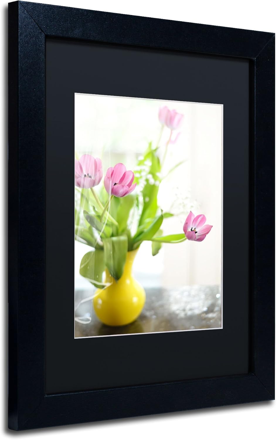 Trademark Fine Art Pink Tulips in Yellow Vase Framed Artwork by Lois Bryan, 11 by 14-Inch, Black Matte with Black Frame