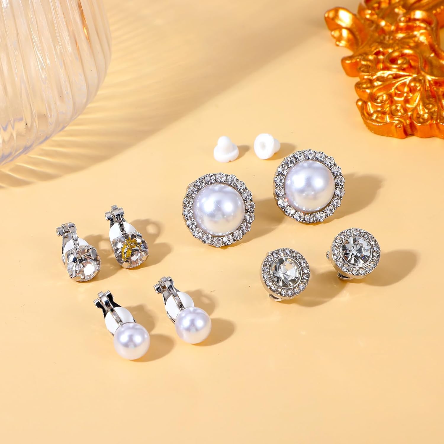 4 Pairs Cubic Zirconia Clip on Earrings Silver Rhinestone Fake Earrings Round Pearl Clip Earrings for Women Non Pierced Stud for Dance Stage Opera Performance Wedding Party Jewelry - Image 8