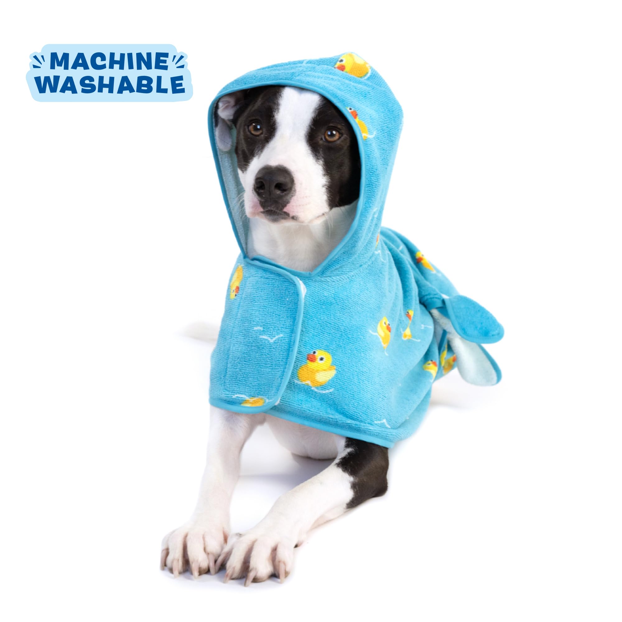 Barkbox Dog Bathrobe Fast Drying with Hook and Loop Closure & Wrap Tie Snuggle, Cute Dogs Clothes, Easy to Clean, Machine Washable, Dog Coats and Tumble Dry Low - Rubber Duck, Medium