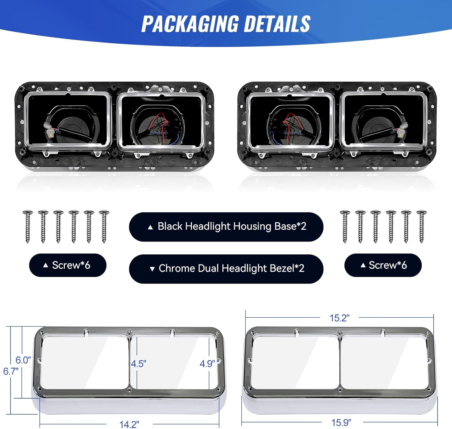 Headlight Housing Base with Chrome Dual Headlight Bezel Compatible with Kenworth T400 T600 T800 W900 K100 C500 Peterbilt 378 379 Freightliner FLD Classic XL Semi Truck Accessories（With Wire Harnesses）