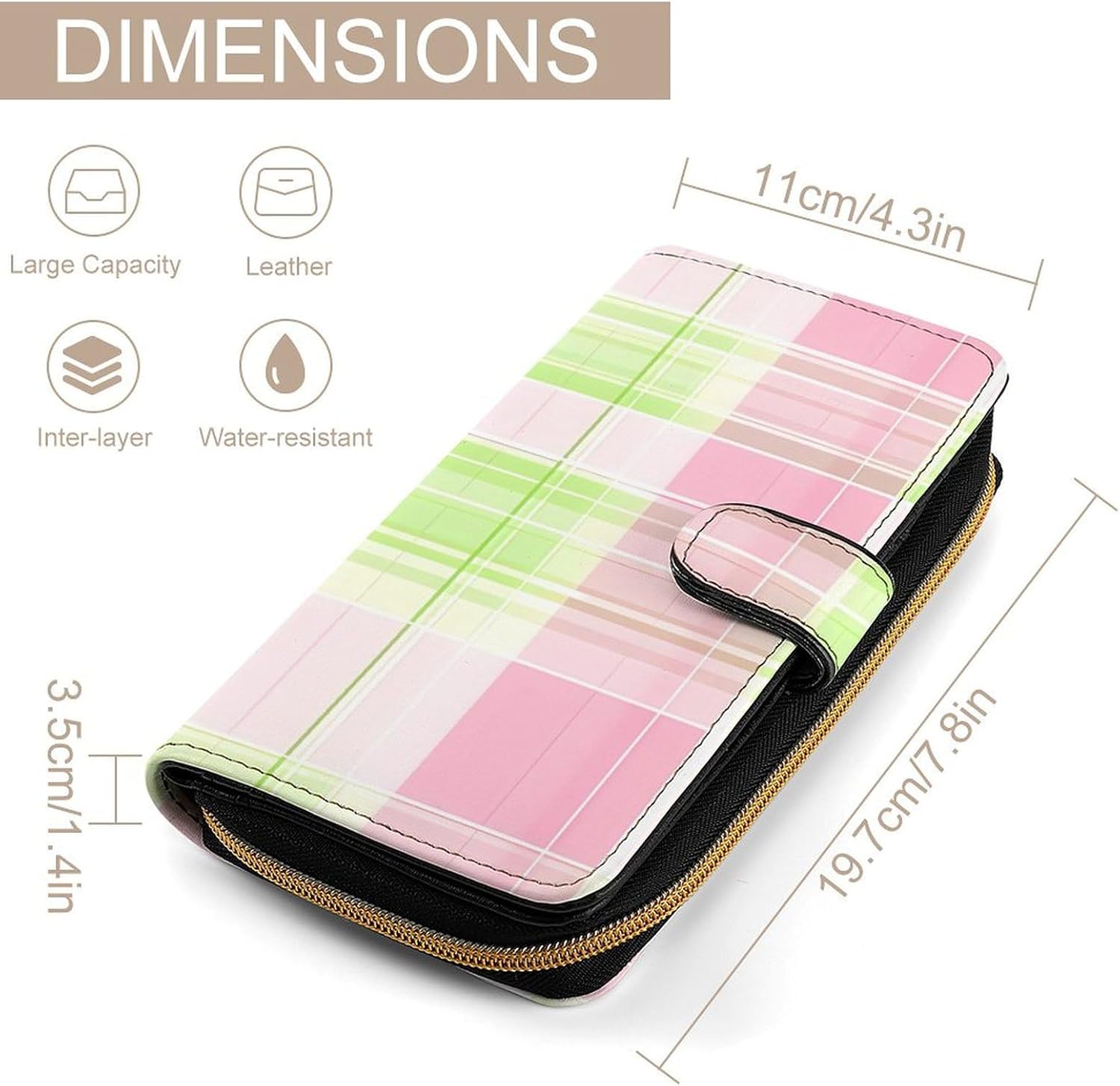 Green Pink Plaid Women's Long Wallet Leather Large Capacity Wristlet Clutch Purse Wallets