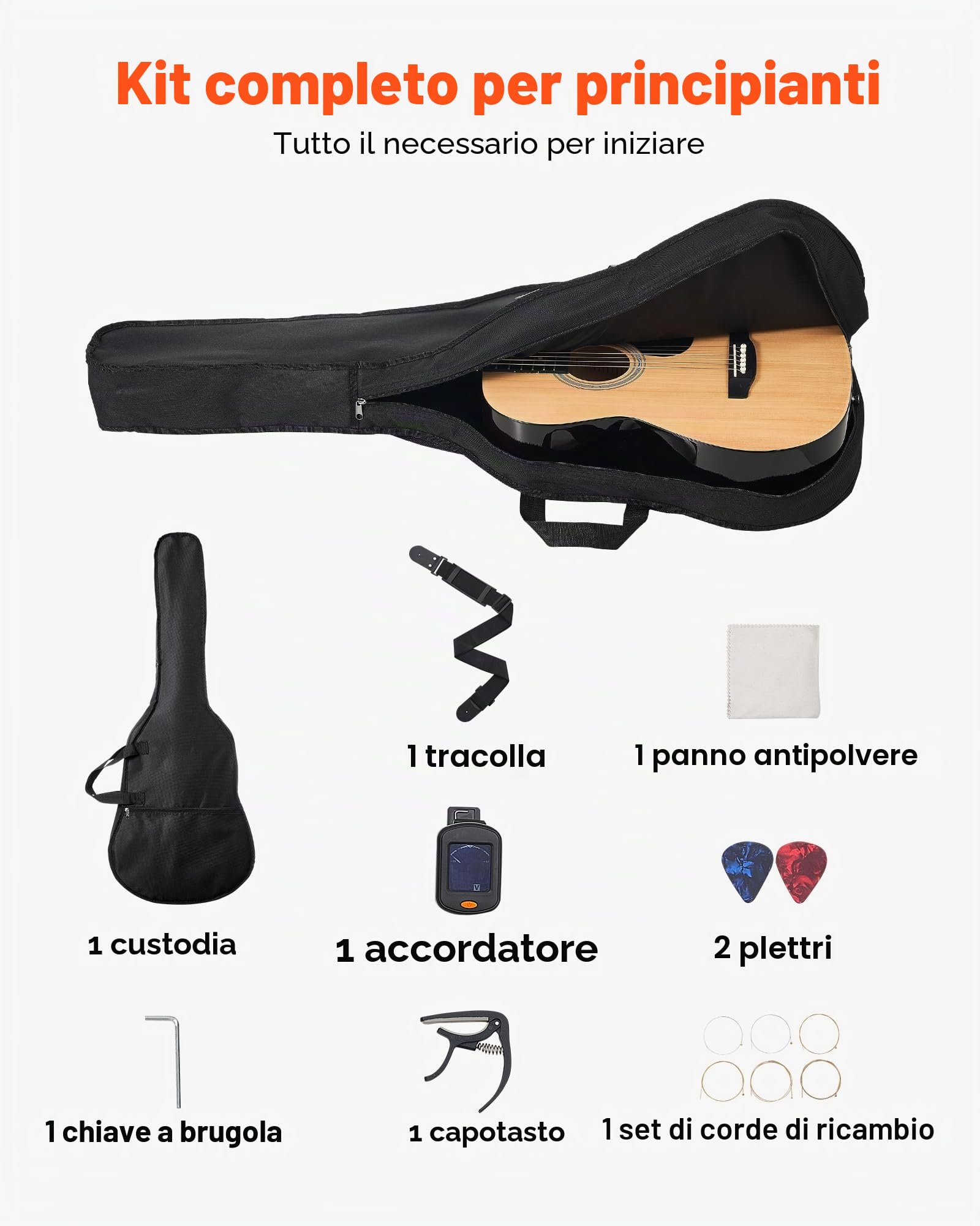 VEVOR Chitarra Acustica Dreadnought 990,6 mm Chitarra Acustica a 6 Corde con Tavola Armonica in Abete Massello Naturale, Custodia Morbida, Accordatore, Tracolla, Corde in Acciaio, Plettri, Capotasto