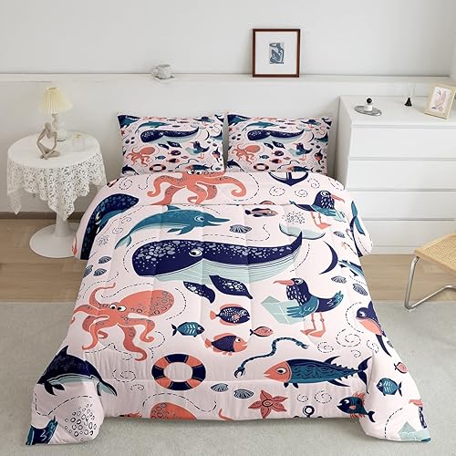 Juego de edredón de animales costeros para niños y niñas, juego de ropa de cama de ballena de dibujos animados, relleno de edredón de delfín de