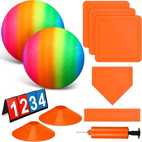 El juego de 9 piezas de kickball deportivo incluye 2 piezas de Kickball, 5 bases de marcador y bomba para niños y niñas, juegos de baloncesto,