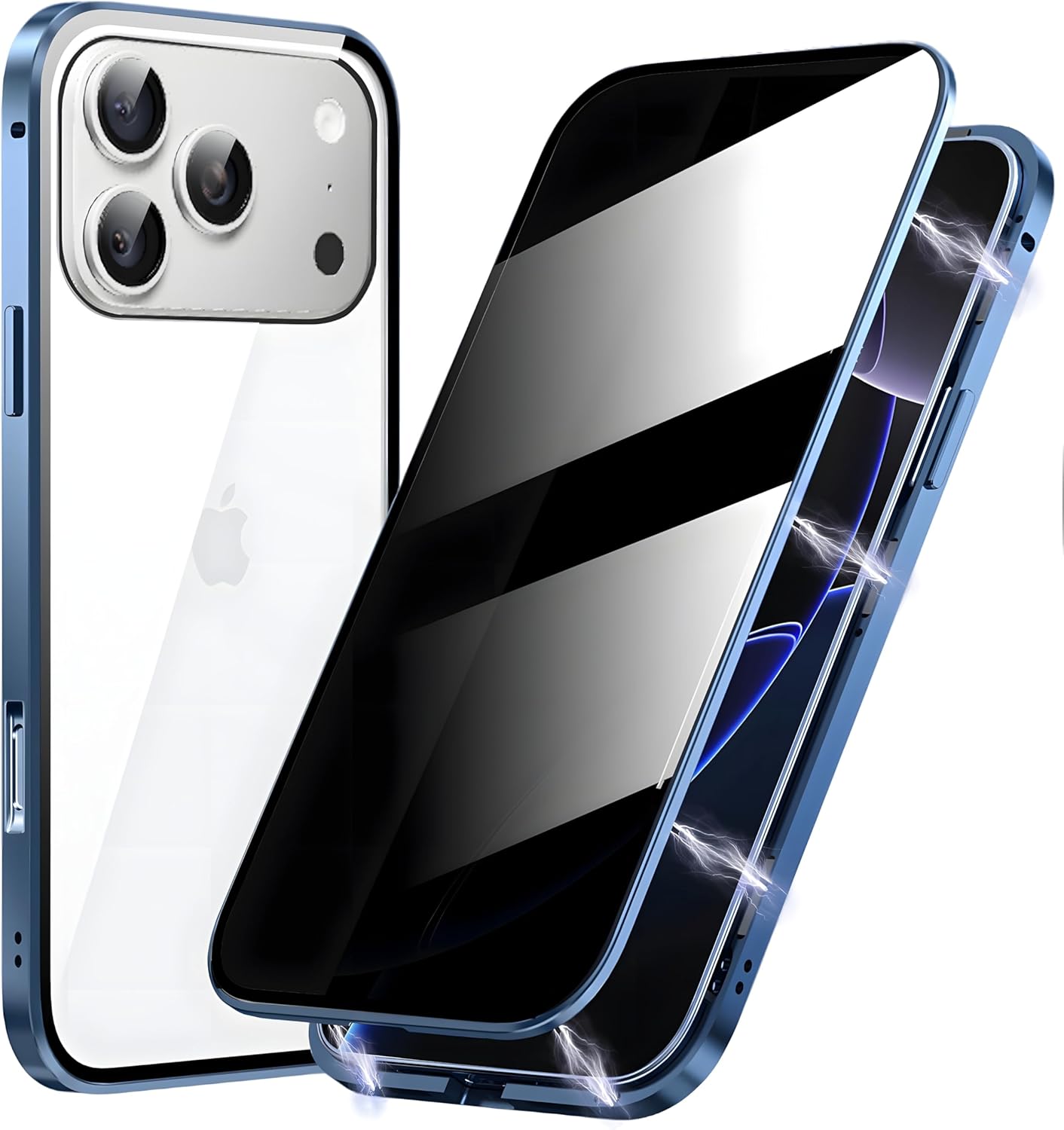 Metal Titanium Frame Privacy Case for iPhone 17 Pro, Privacy Screen Protector, Magnetic Adsorption with Safety Buckle Lock, Double Side Tempered Glass, Clear Back Full Body Protection Anti Peep Cover Compatible with iPhone 17 Pro Blue Titanium