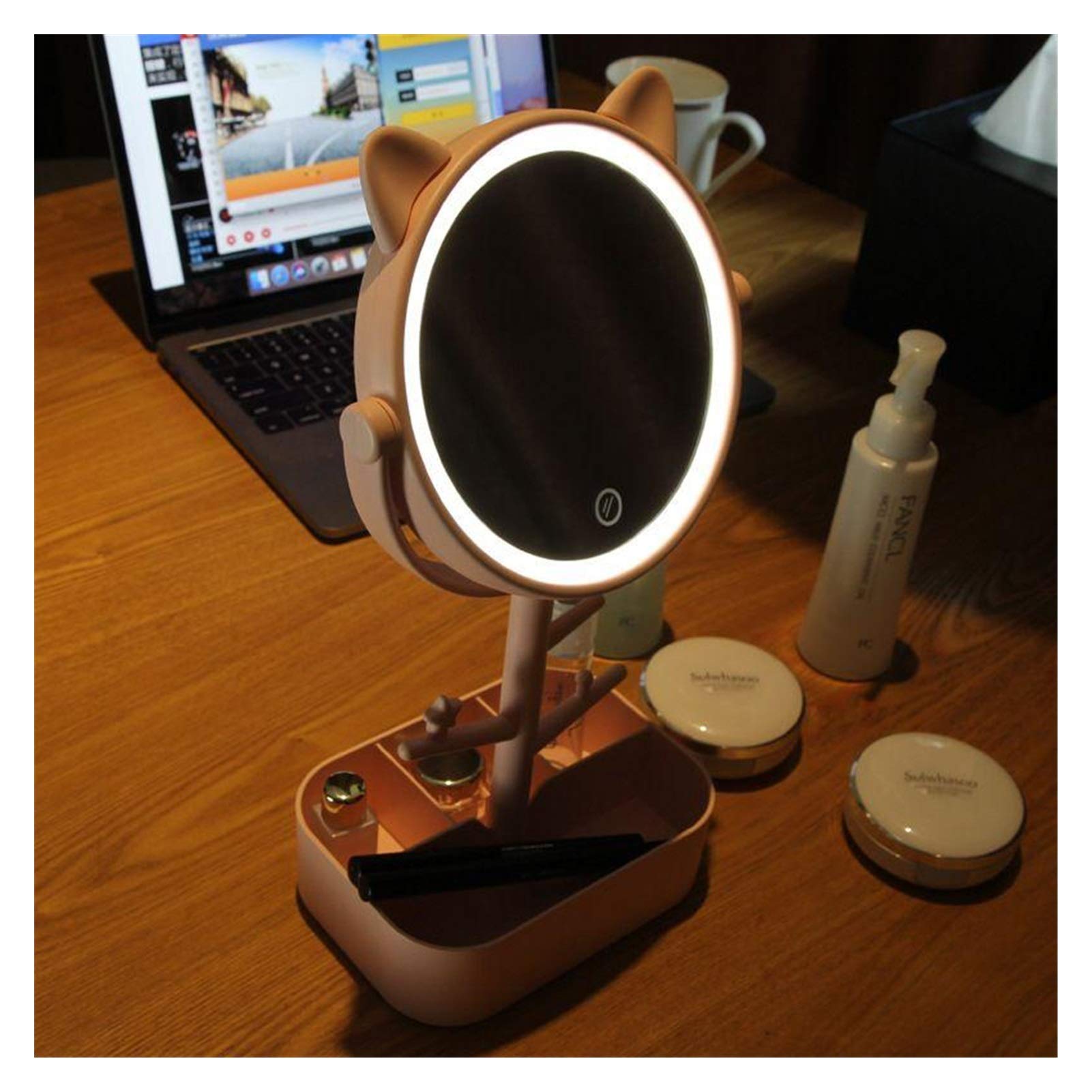 Espejo de maquillaje de viaje Espejo de maquillaje de escritorio Espejo giratorio con luz LED Espejo de aumento Espejo de maquillaje Luz de maquillaje for mujer con caja de almacenamiento Espejo de to