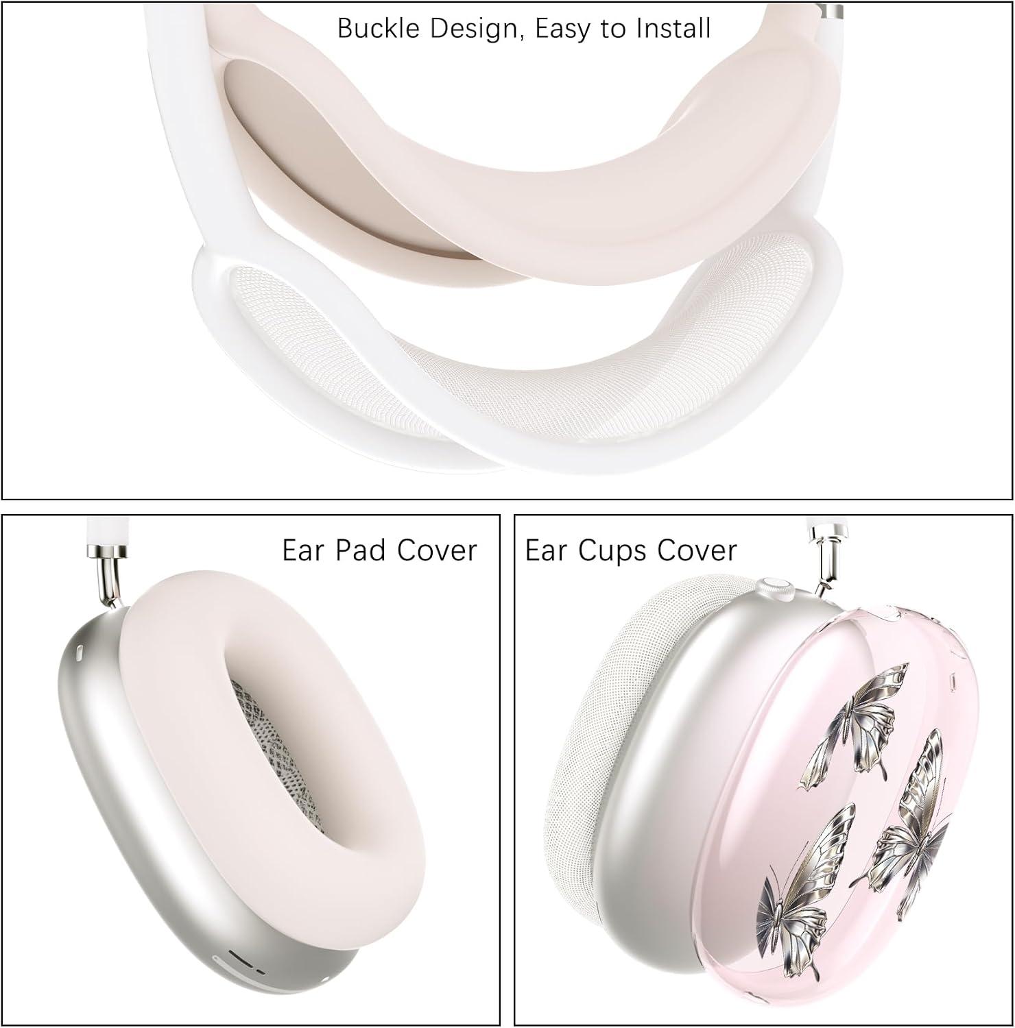 Metal Silver Butterfly Case for Apple AirPods Max Headphones(2024/2020),Clear TPU Ear Cups Case,Soft Liquid Silicone Ear Pad Cover/Headband Cover 3 in 1 Accessories for AirPods Max(USB-C) for Women image 2