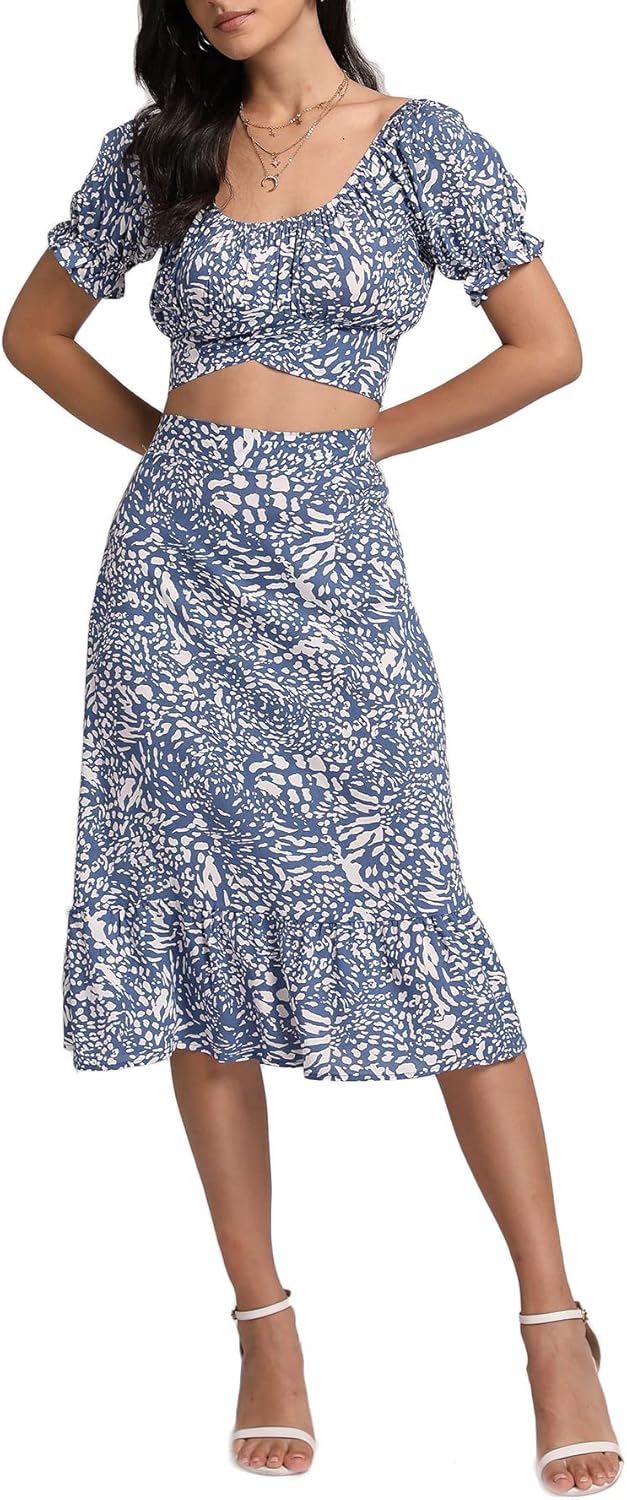 LYANER Women's 2 Piece Outfits Floral Self Tie Knot Crop Top and Midi Skirt Set - Image 3