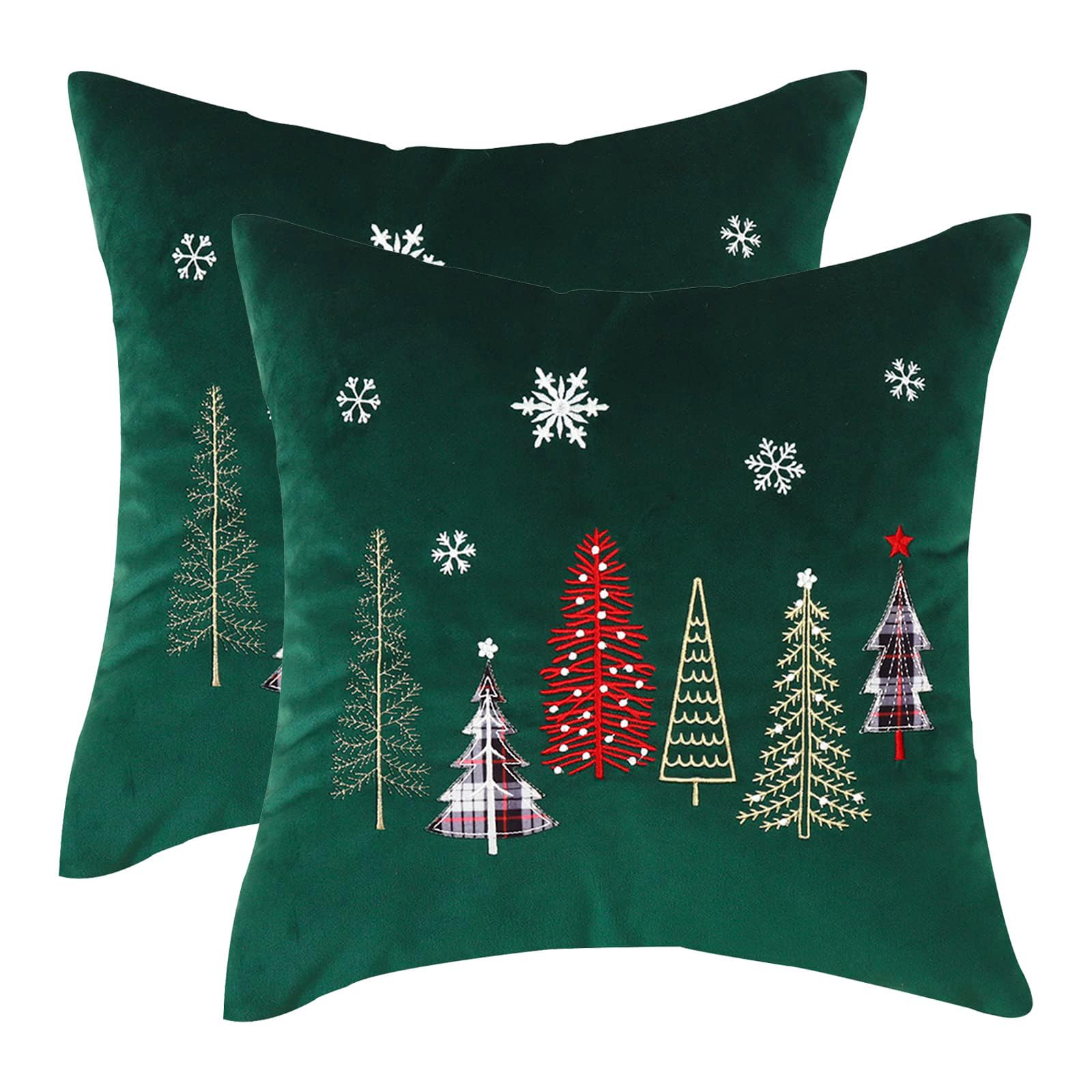 Tosleo Christmas Embroidery Throw Pillow Covers 12 x 20 inch Set of 2 Velvet Pillowcases Forest Green Christmas Trees Cushion Pillow Cases Soft Square Holiday Pillowcase