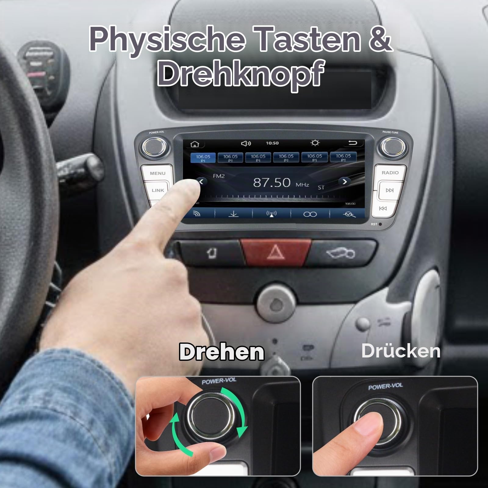 Linux-Autoradio für Peugeot 107/Toyota Aygo/Citroen C1 2004-2014 mit kabellosem CarPlay und Android Auto, 2-Sekunden-Boot, physische Drehregler, OEM-Sound, Plug & Play-Installation