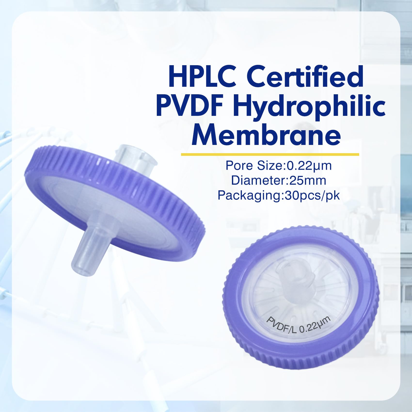 30 pcs Filtre à Seringue PVDF Hydrophile, pores de 0,22 μm, Membrane de 25 mm de Diamètre, Filtre Seringue de Laboratoire pour les Sciences Biomédicales