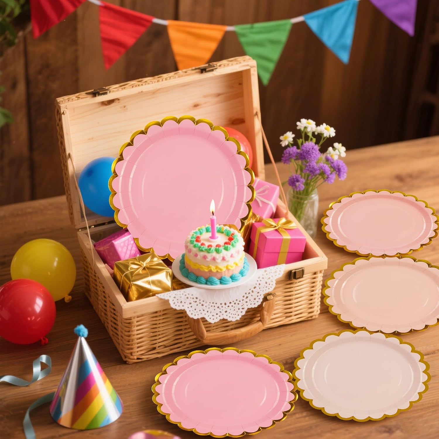 48PCS Pink Party Plates 7 Inch, Gradient Pink Scalloped Paper Plates with Gold Foil Edge Disposable Dessert Cake Plate for Baby Shower Wedding Birthday Party Supplies (7inch) - Image 7