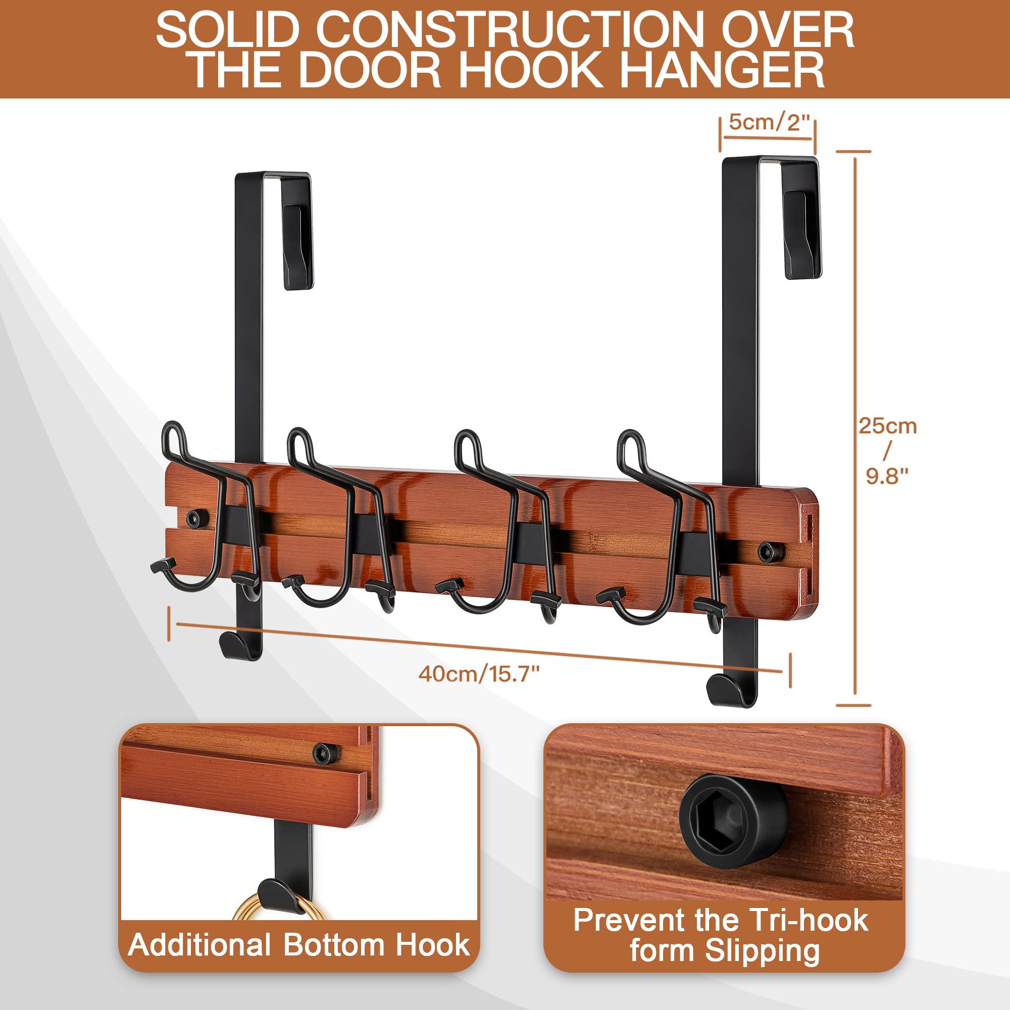 ETECHMART Over The Door Hooks, Bamboo Door Hanger with 4 Adjustable Tri Hooks for Hanging Clothes Hat Bag, Behind Door Towel Rack for Bathroom, Heavy Duty Wall Mounted Coat Rack, No Drilling, Brown