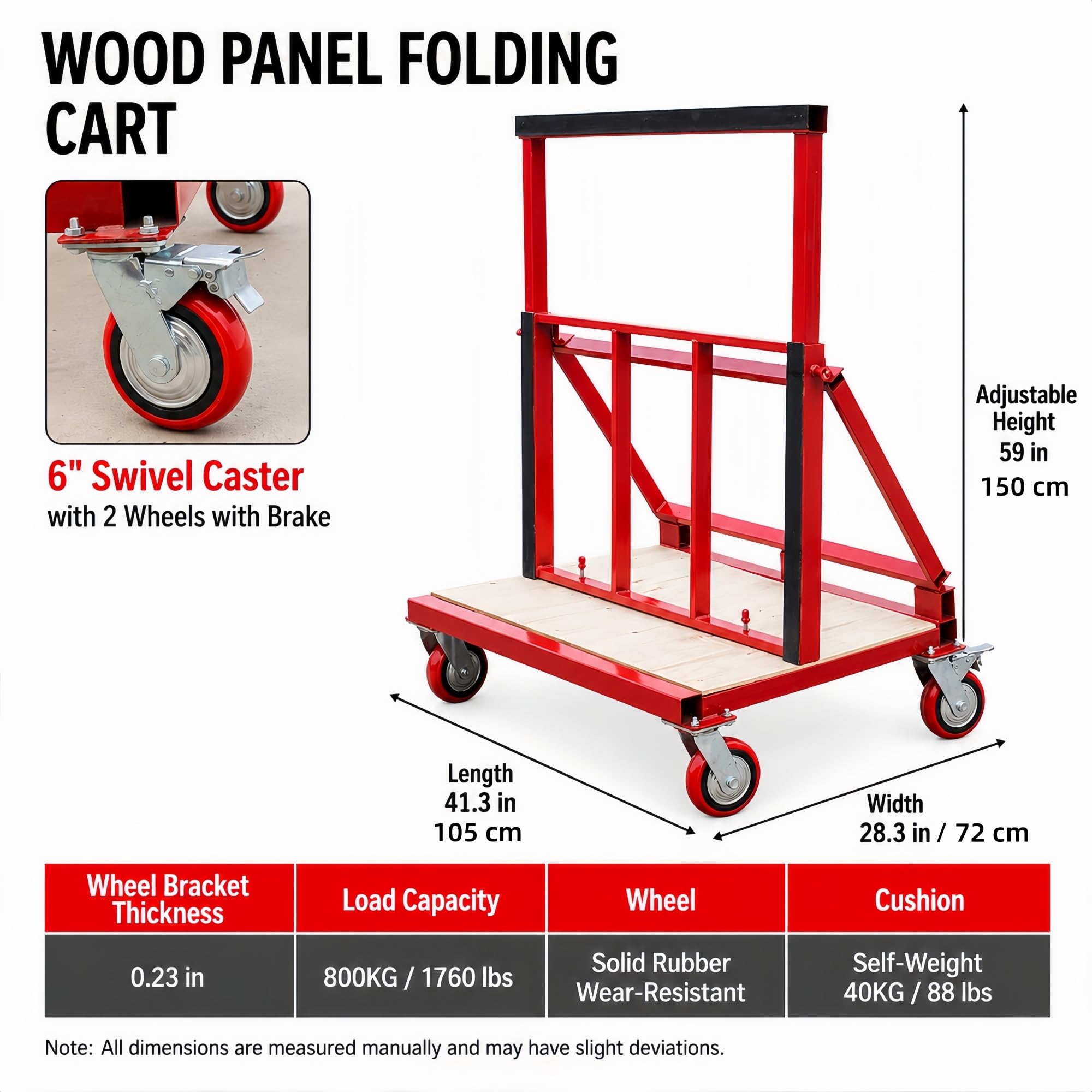 Plattenwagen Klappbar mit Holzplattform for Werkstatt und Lager | Höhenverstellbare Rückenstütze und Rollen for kontrolliertes Positionieren(6IN 2BRAKE)