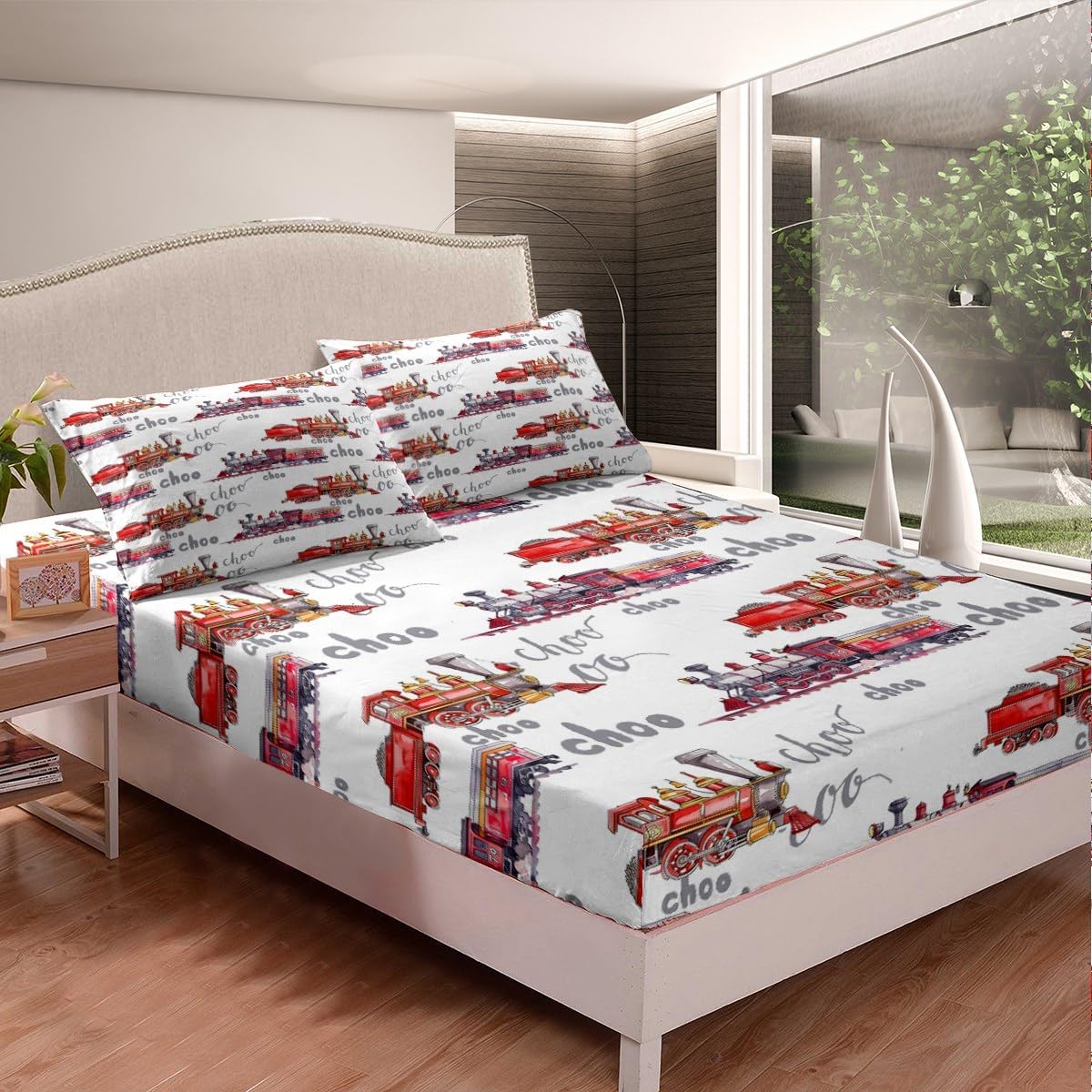 Castle Fairy Kids Train Bed Sheet Twin Size Cartoon Car Bedding Set for Boys Girls Choo-Choo Train Tracks Fitted Sheet White Red Construction Vehicle Top Flat Sheet Teens Bedroom Decor,1 Pillowcase