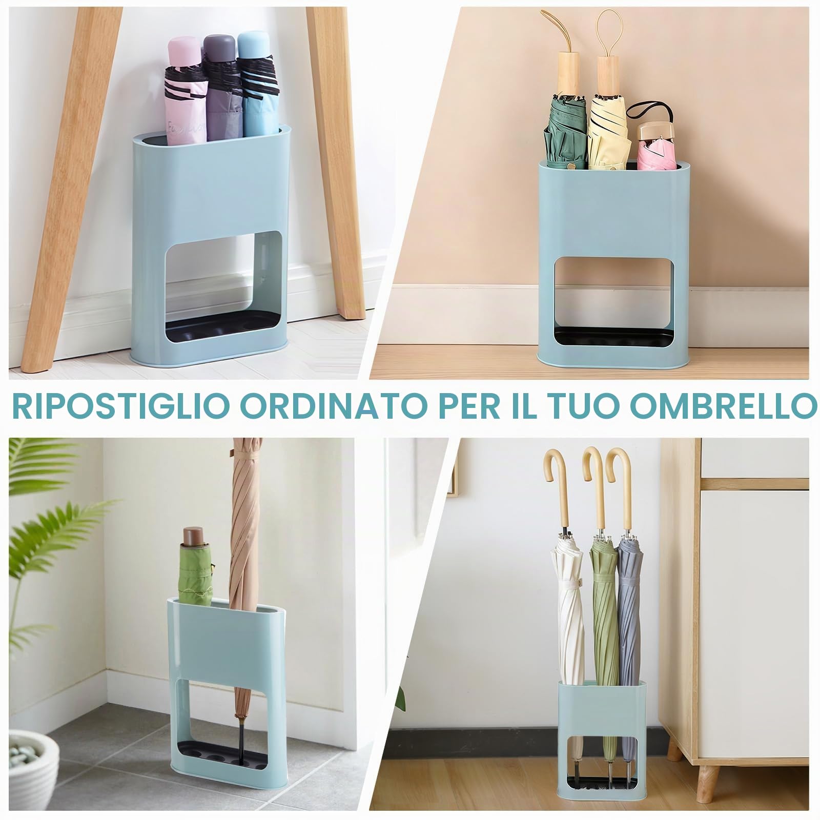 Portaombrelli in Plastica Blu con Vassoio Antigoccia Rimovibile - Design Minimalista, Capacità 4 Ombrelli (Piccoli/Grandi), Dimensioni 28x22x9 cm - Ideale per Casa/Ufficio.