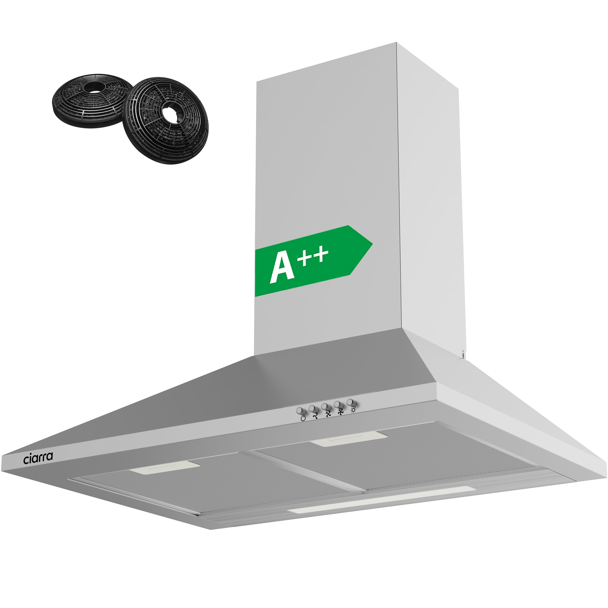 CIARRA CBCS6201 A++ Dunstabzugshaube 60 cm Umluft 370 m³/h Silber Edelstahl Pyramide Wandmontage Wandhaube mit CBCF002X2 Aktivkohlefilter 3 Leistungsstufen Abluft Abzugshaube