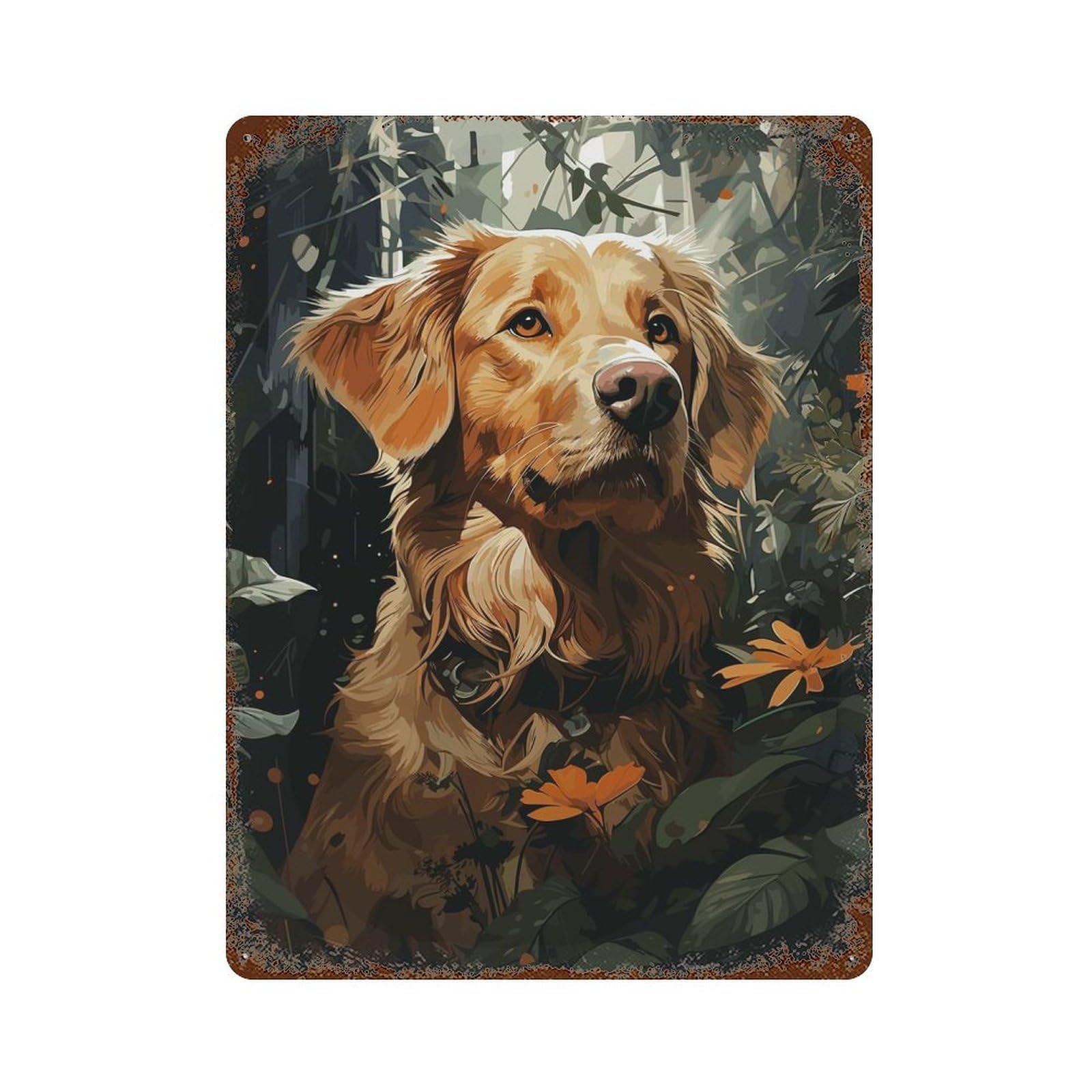 Golden Dog Portrait Weathered Tin Sign 15.7"x11.8", Ideal for Basement, Hobby Room And Garage Decor
