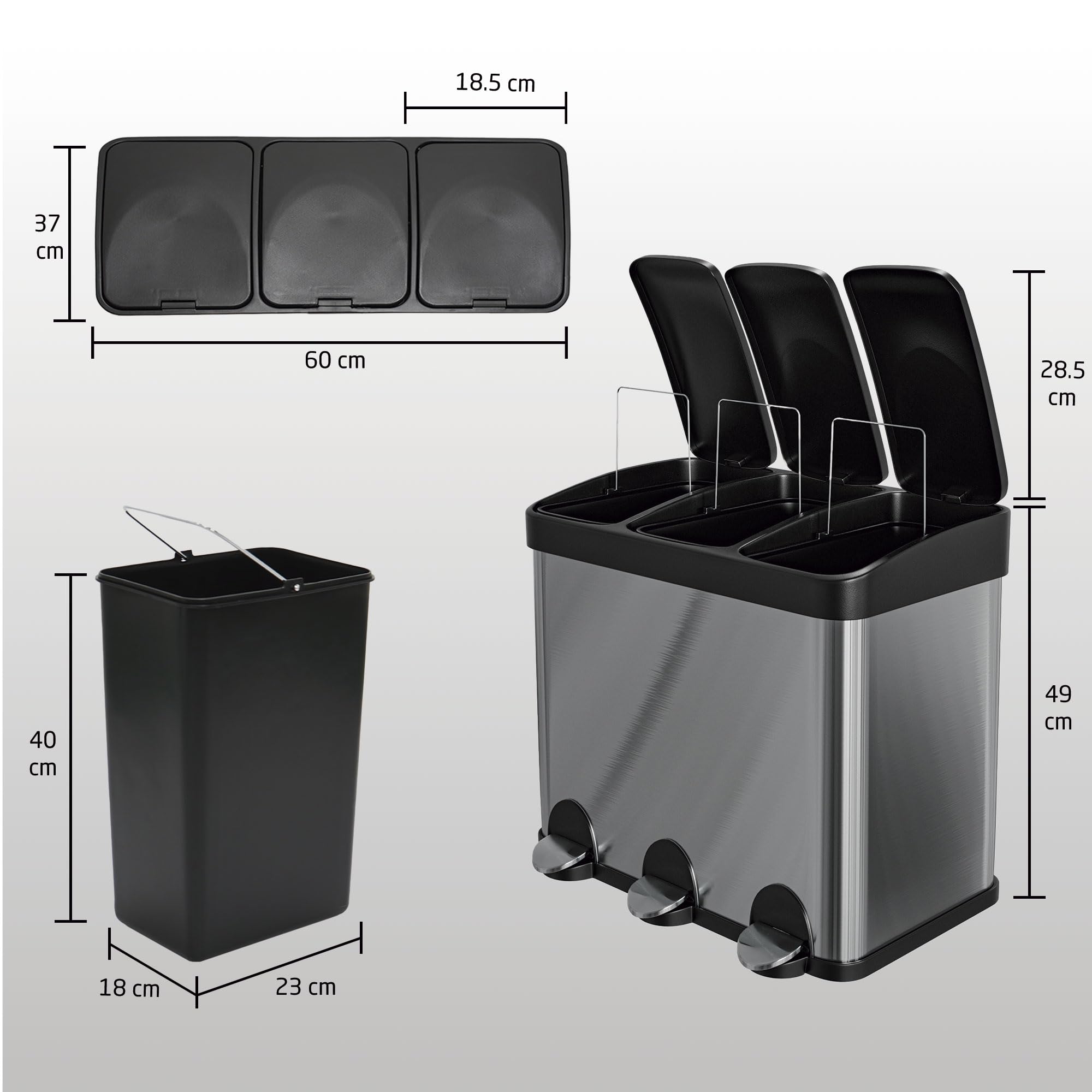 Amig - Drievoudige pedaalemmer 45 liter - 3 uitneembare compartimenten van 15 liter - Keukenafvalbak - Staal - 60 x 37 x 49 cm - Wit