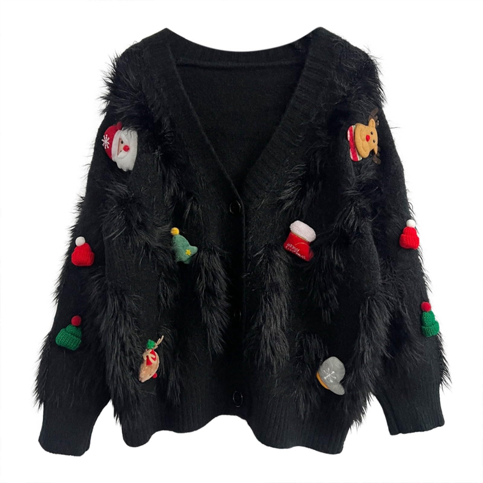 Generisch Chaqueta de punto para mujer, suéter navideño con decoración de tres botonaduras, cárdigan, suéter navideño