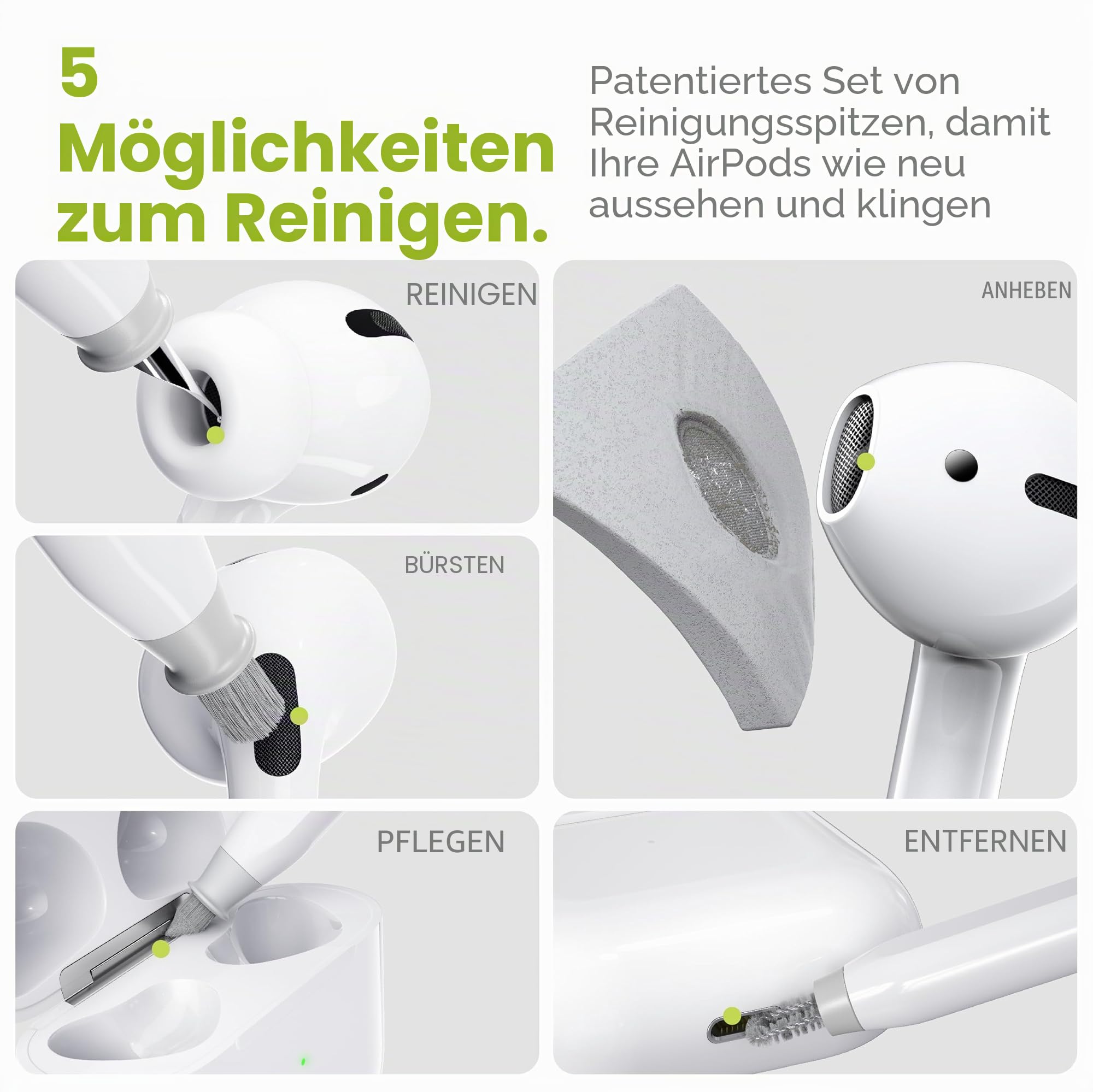KeyBudz AirCare 2.0 AirPods-Reinigungsset/Patentierter Multi-Tool-Reiniger, austauschbare Bürstenaufsätze für AirPods, iPhone & Apple-Geräte mit Reinigungsknete Hartschalenetui & Aufbewahrungsbeutel