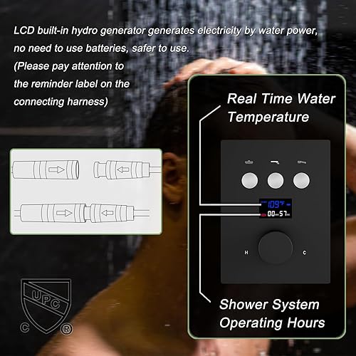 Miniatura 14 de Sistema de ducha termostático dorado cepillado, juego de grifo de ducha LED de lluvia de 12 pulgadas, sistema de cabezal de ducha de cuerpo completo