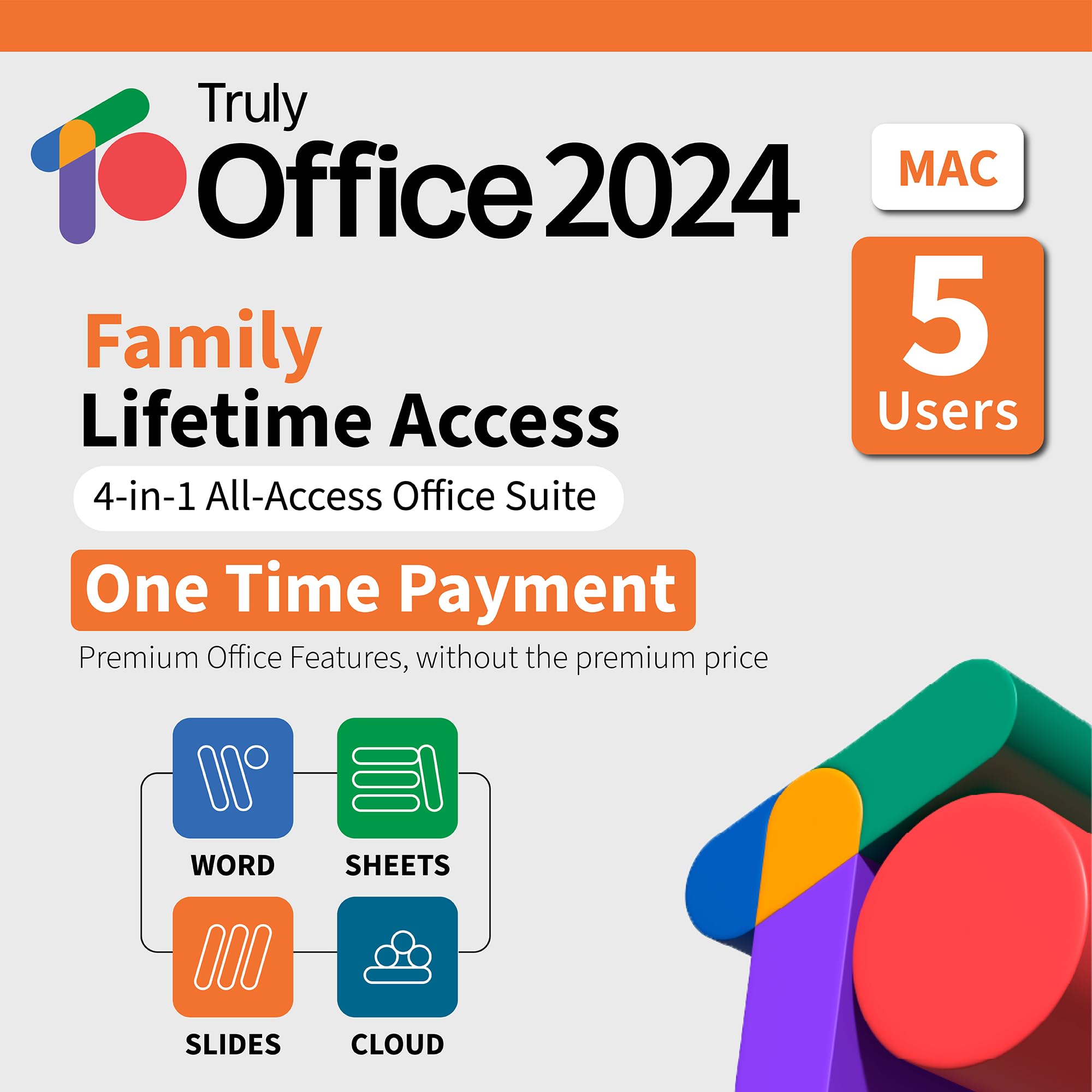 TrulyOffice 2024 Family Lifetime License for Mac | 4 in 1 All Access TrulyOffice Suite | Words, Sheets, Slides, and Cloud | 5 Users | Physical Activation Card