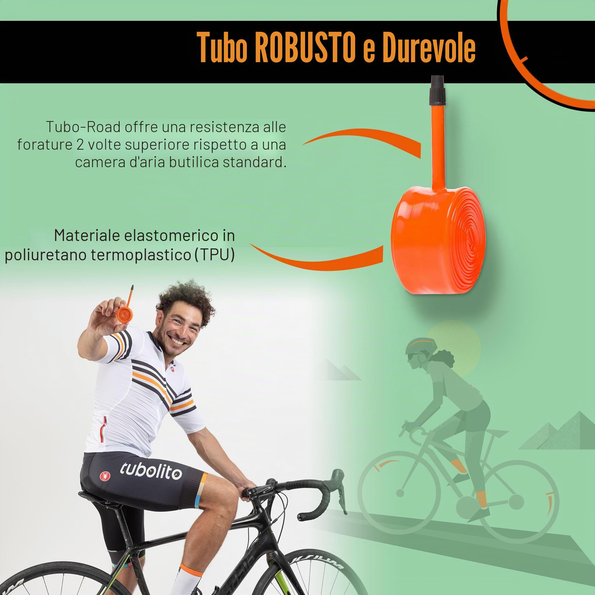 Tubolito Road 700C x 18-32 mm, leggero, resistente e compatto, compatibilità con cerchioni e freni a disco, 2 protezioni antiforatura