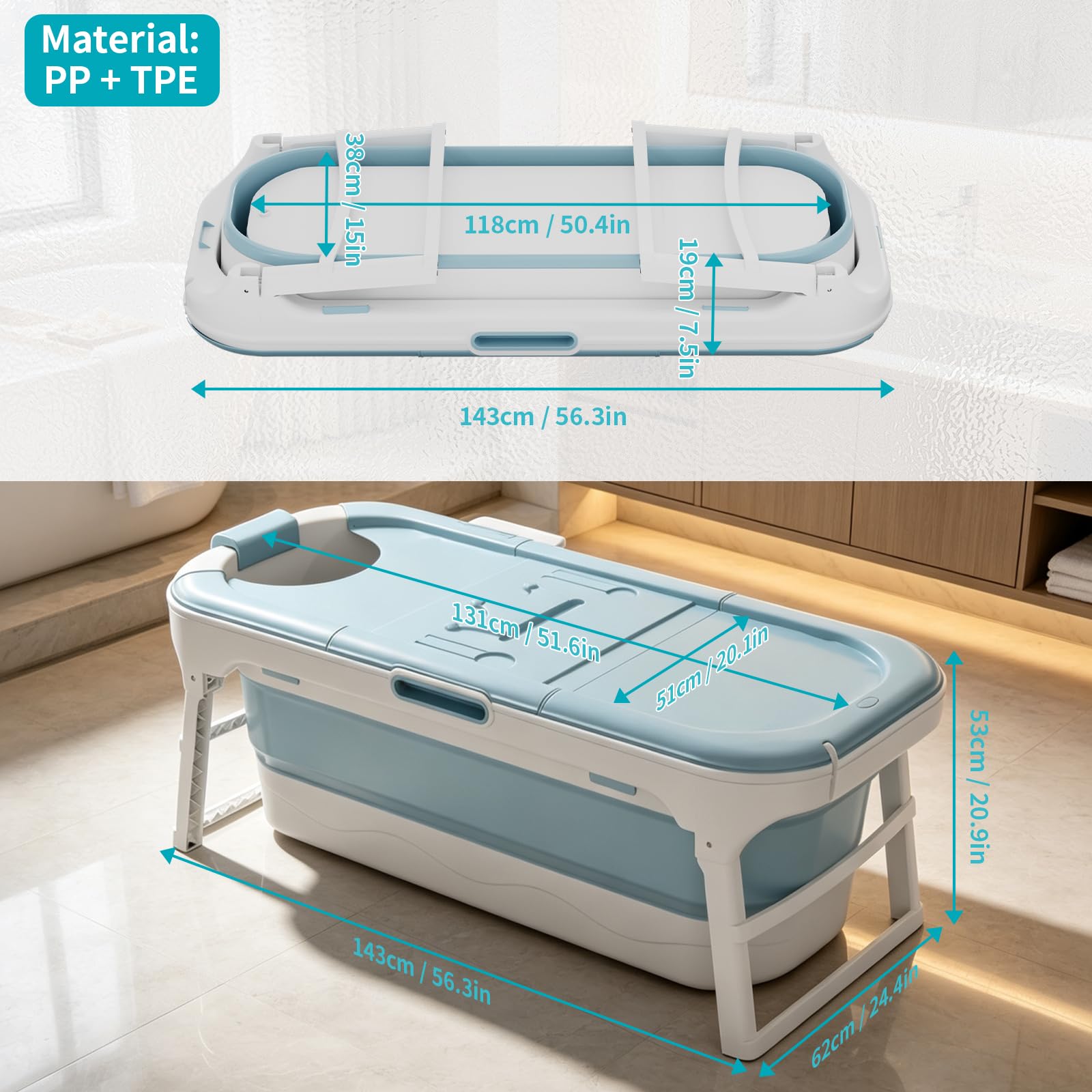 LZQ Vasca da bagno pieghevole per adulti – mobile con copertura rimovibile, rullo massaggiante, scaffale per magazzino, PP+TPE, pieghevole, per bagno SPA, 148 x 62 x 53 cm, blu
