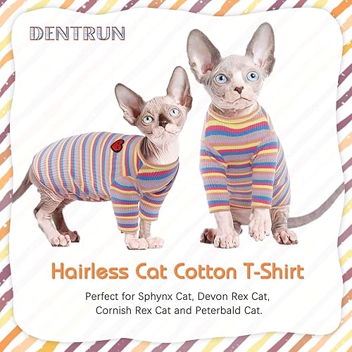 Miniatura 6 de DENTRUN Camisa de gatos sin pelo, transpirable, ropa de uso diario para gatos, chaleco a rayas, adorable pijama, overol suave y agradable al tacto